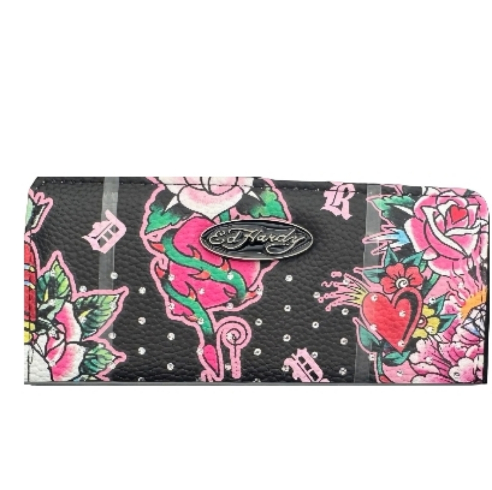 Ed Hardy Black/Pink Floral Wallet Wristlet Card Holder Skull Flowers Hearts New‎